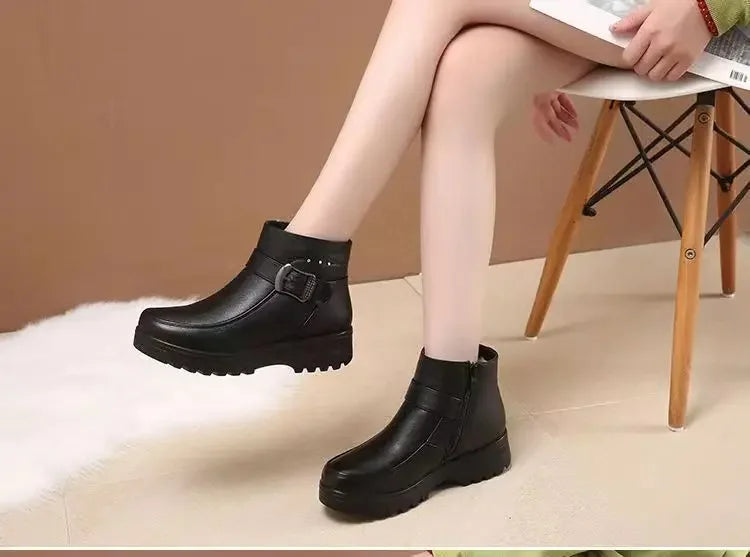 2024 Fashion Winter Women Pu Leather Ankle Boots Female Thick Plush Warm Snow Boots Mother Waterproof Non-slip Booties