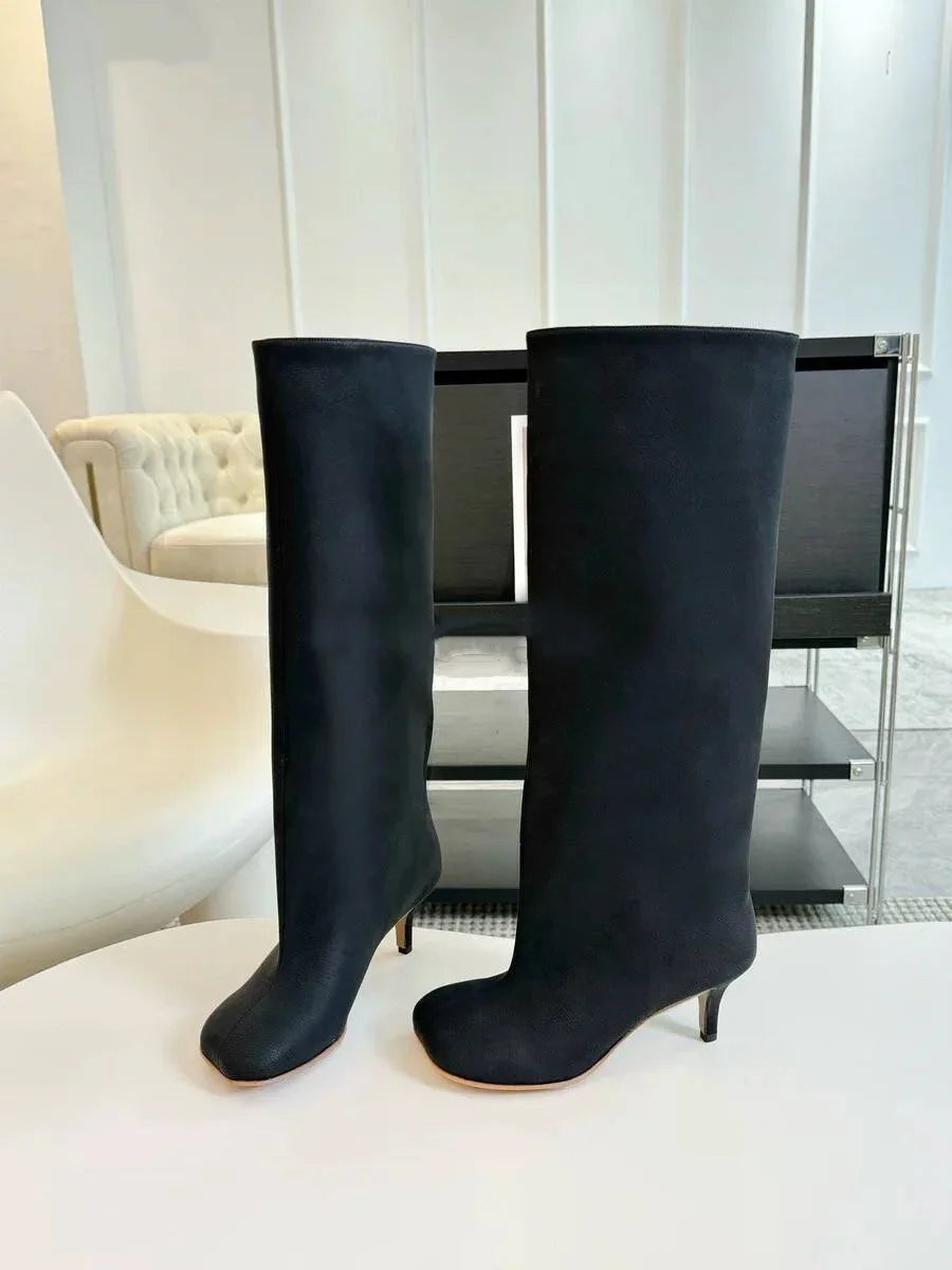 2025Women's Autumn and Winter New Slim Fit High Heels Knee High Boots Fashionable Plus Size Medium Long Boots Knight Boots
