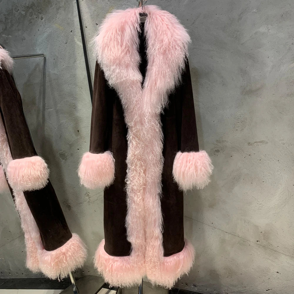Suede Coat Fur Collar Women Autumn Genuine Sheepskin Coat Long with Mongfolian Fur Trim