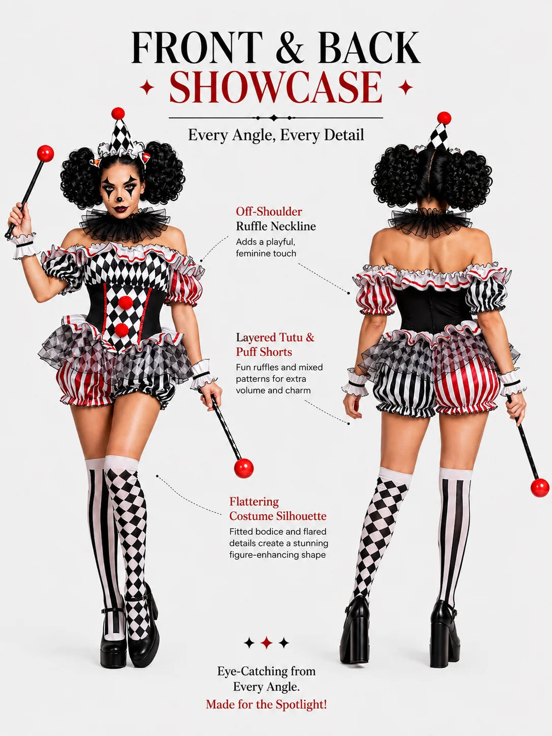 Women's Halloween Evil Clown Costume Sexy Circus Cosplay Off Shoulder Diamond Pattern Ruffled Bloomer Outfit with Hat Mesh Collar Wrist Cuffs Fancy Dress