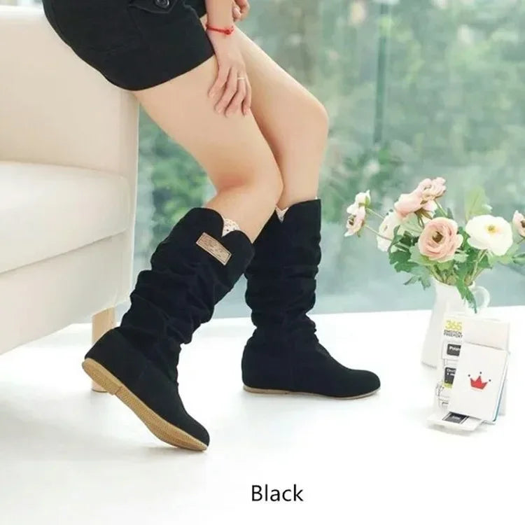 2024 New Mid-tube Snow Boots Hollow Cotton Thread Hook Lace Frosted Lady Boots Large Size Women's Shoes
