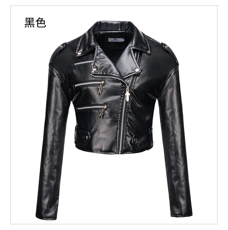 New Women slim short leather jacket plus cotton high waist long sleeve lapel diagonal zipper leather jacket pu motorcycle suit