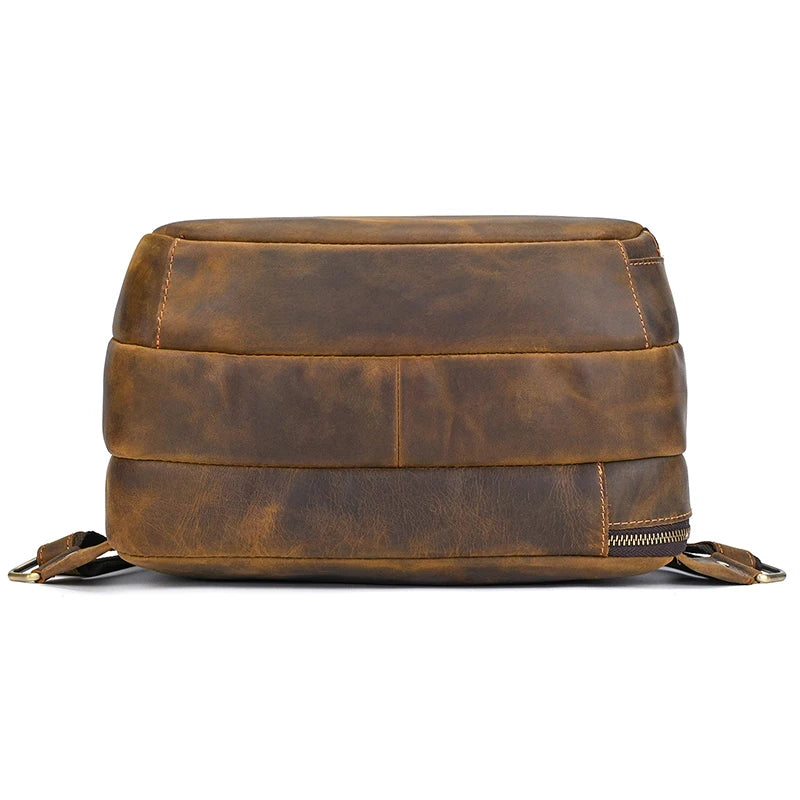 Luufan Men's Retro Crazy Horse Leather Backpack Brown Genuine Leather Rucksack Brown 14 Inch Laptop School Bag
