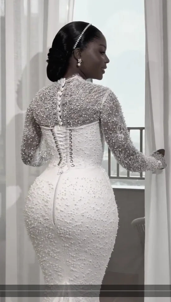 Elegant High Collar Long Sleeve Mermaid Wedding Dress Sparkling Water Diamond Phantom Hollow Bride Dress Customized
