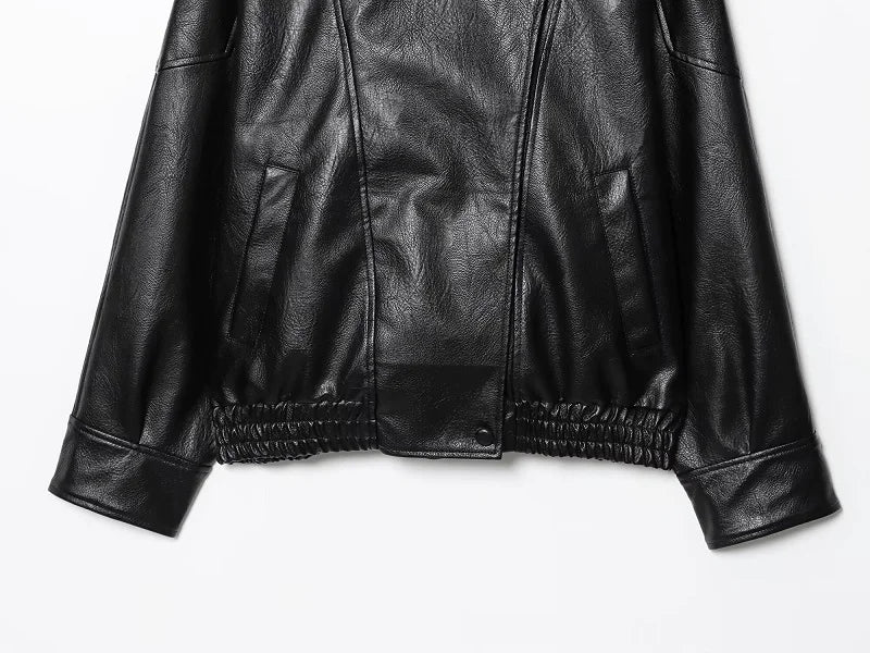 HXAO Women's Faux Leather Jacket Short Coat Black Bomber Jackets For Woman Loose Winter Outerwear High Neck Aviator Jackets