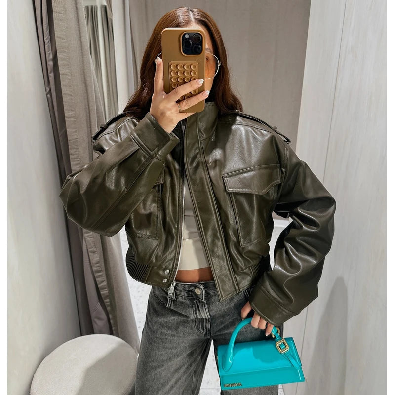 MUJER Faux Leather Cropped Jacket Women Bomber Demi-season Jackets for Women Long Sleeve Women's Coats Zip Overcoat Jacket Women