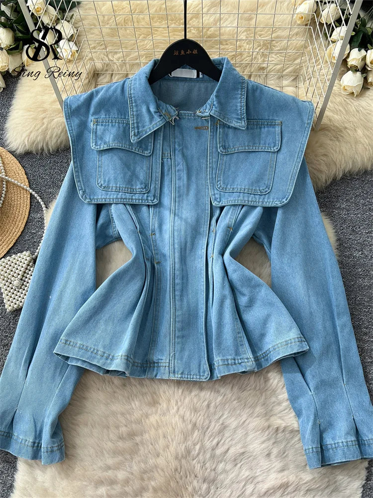 SINGREINY Fashion Senior Denim Jacket New French Classic Lapel Full Sleeves Slim Outwear Women Autumn Chic Elegant Workwear Coat