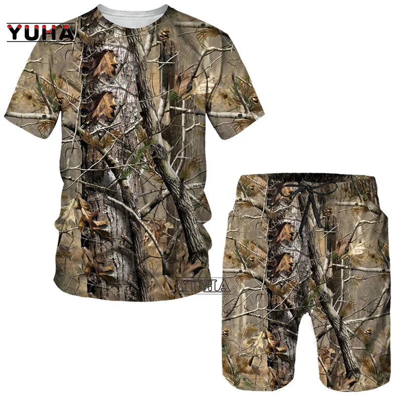 YUHA,Hunting  Summer Men's 3D Printed Camouflage Maple Leaves T-Shirt/Shorts/Suits Unisex Casual Outdoor Sportwear Short Sleeved