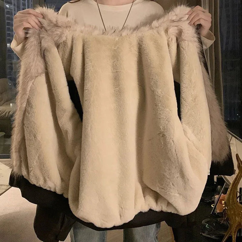 Winter Thick Warm Fleece Hooded Jacket Women Korean Fashion Loose Zipper Leather Coats Chic Full Faux Fur Lined Bomber Outerwear