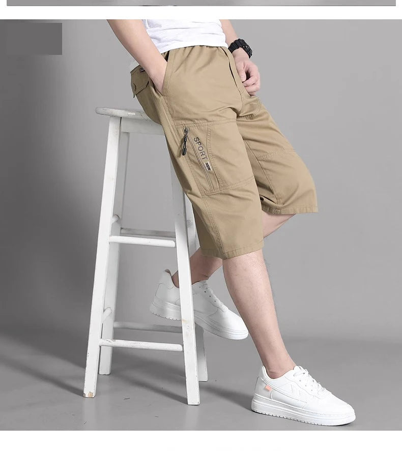 Zipper Pocket Workwear Shorts Mens Knee Cargo Pants 2026 Summer Cotton Shorts Men Climbing Jogger Elastic Waist Sports Work Wear