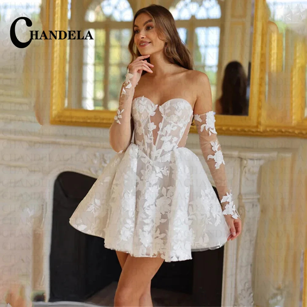 CHANDELA Lace Appliques Mini Corset Wedding Dress Cut-out Detachable Sleeves vestidos de noiva After Party A-line Customised