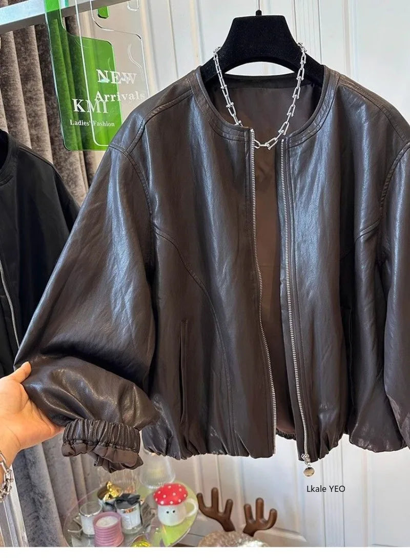 Women's Leather Coat 2026 Spring Autumn Comfortable Loose Slim Female Faux PU Outwear Round Neck Zipper Ladies Short Jacket