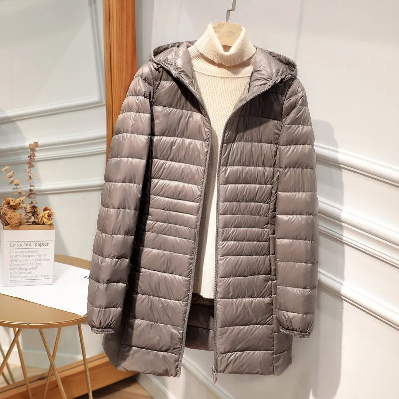 Female Long Warm Down Coat with Portable Storage Bag Women Light Down Jacket Ladies Overcoats Hip-Length High Street