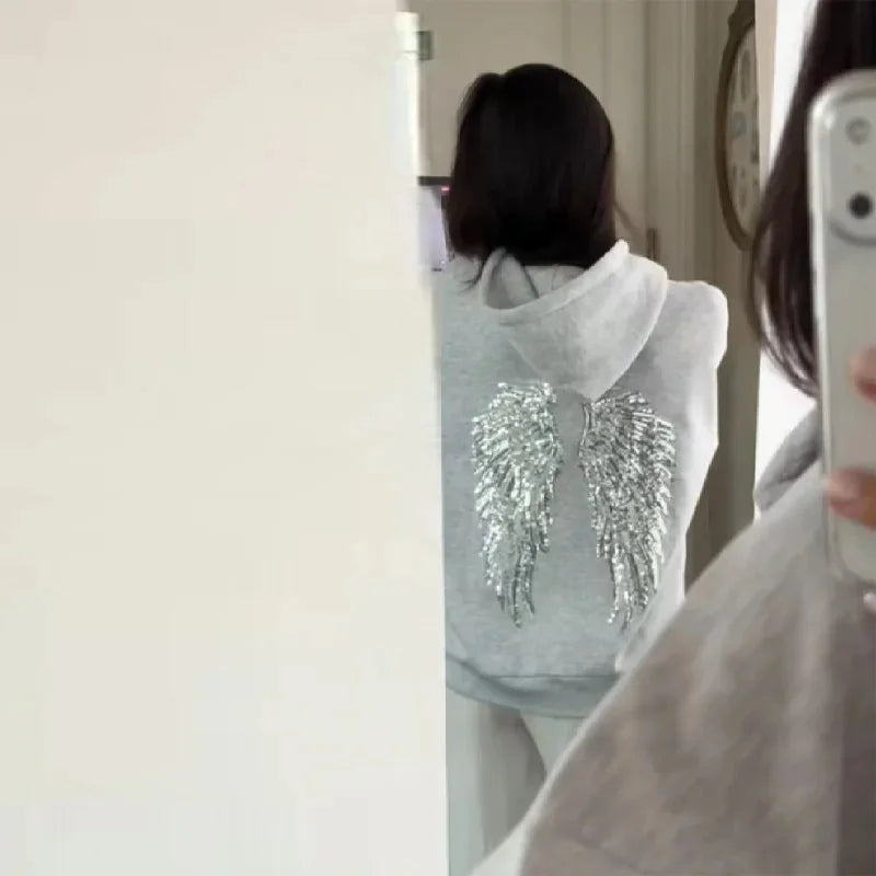 Sequins Angel's Wings Hoodies Women Y2k Chic Loose Long Sleeve Pullovers Top Slim Yoga Pant Set 2026 Casual Lady Sweatshirt Set