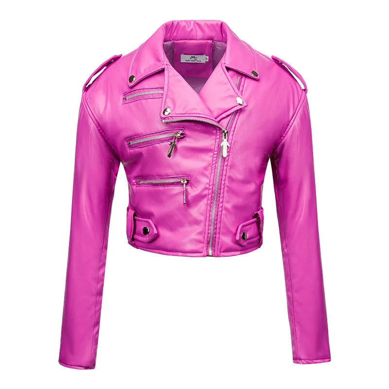 New Women slim short leather jacket plus cotton high waist long sleeve lapel diagonal zipper leather jacket pu motorcycle suit