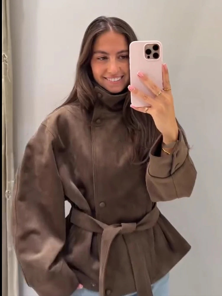 Women Brown Faux Suede Short Jacket Tie‑waist Long Sleeve Vintage Streetwear 2026 Lady New Autumn Winter Casual Outerwear Coat