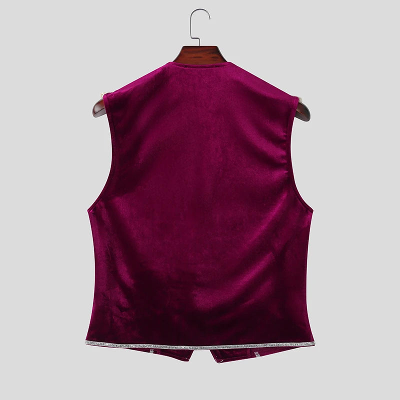 INCERUN Men's Vests Velour Patchwork Lapel Sleeveless Button Male Waistcoats Elegant Streetwear Fashion Casual Vests For Man