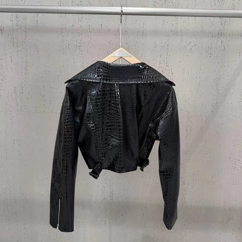 KUCLUT 2026 Autumn New Fashion Shiny Pattern PU Leather Motorcycle Style Short Jacket For Women Suit Collar Zipper Coat 1A4441