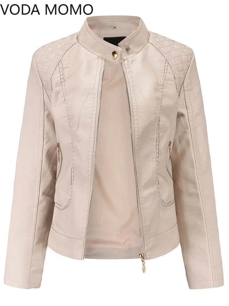 Women's Elegant Stand-up Collar Solid Jacket 2022 Female Three-dimensional Pattern Coat S-4XL New Pu Faux Leather Jacket Women