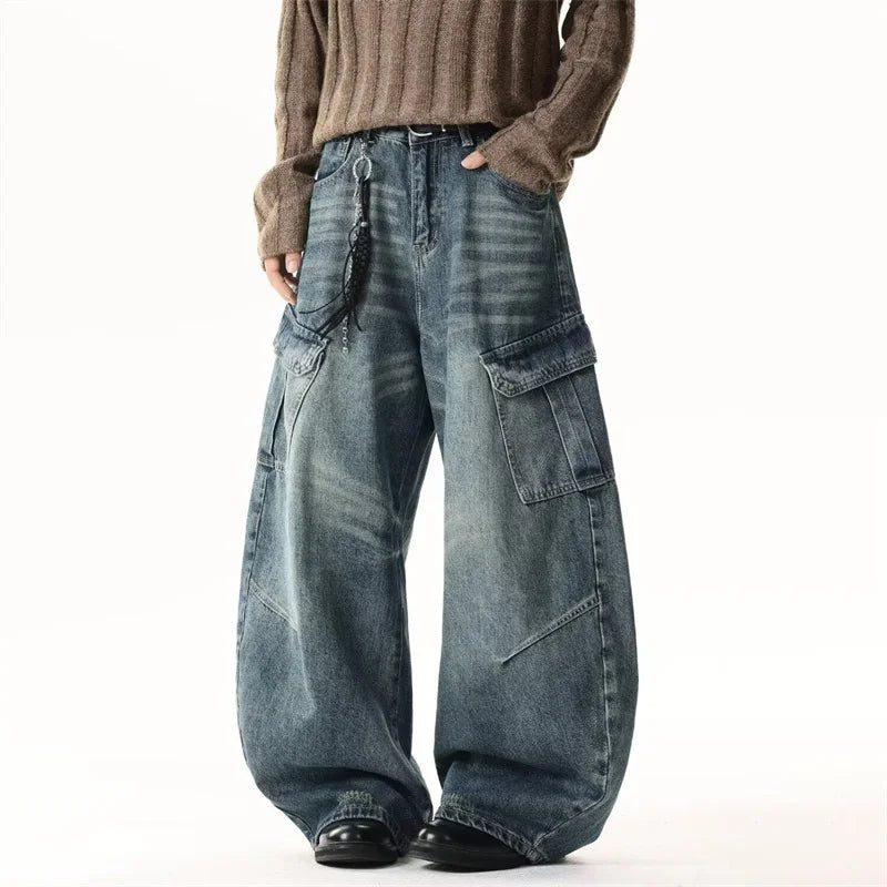 Autumn Men's Hip Hop Fashion Pockets Baggy Jeans High Street Vintage Straight-Leg Denim Pantalones Harajuku Y2K Blue Cargo Jean