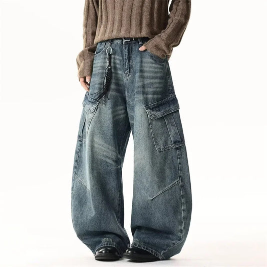 Autumn Men's Hip Hop Fashion Pockets Baggy Jeans High Street Vintage Straight-Leg Denim Pantalones Harajuku Y2K Blue Cargo Jean