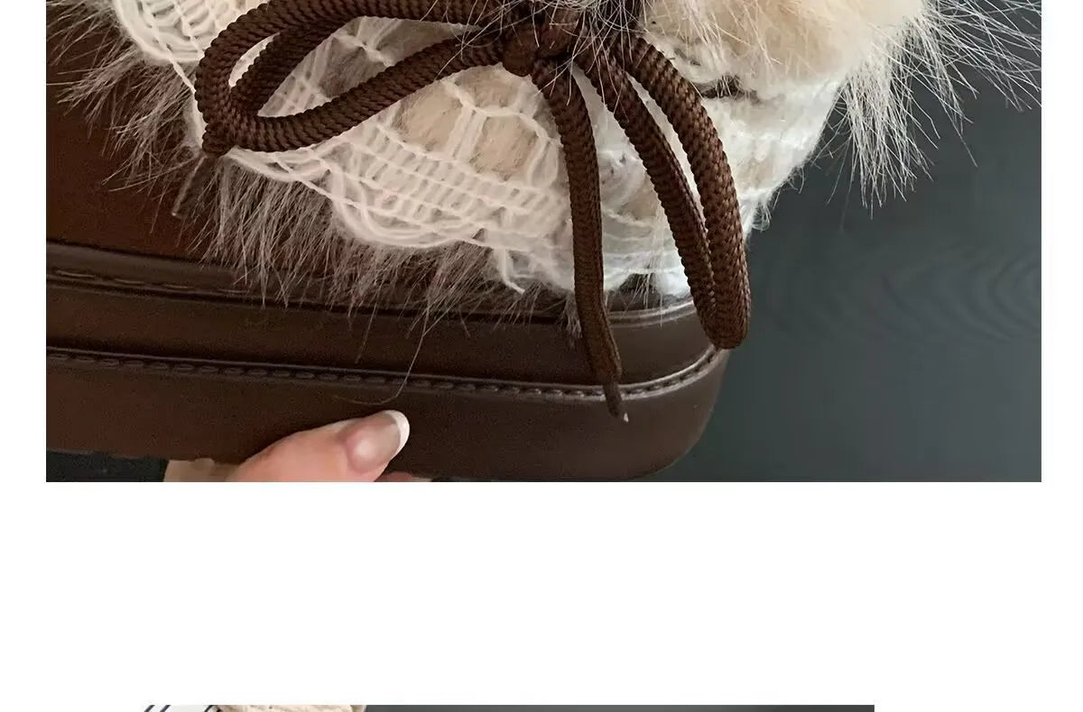Korean Style Lace Snow Boots 2025 Winter Plush Warm Short Boots Girls Sweet Thick Bottom Casual Boots Students Cotton Shoes