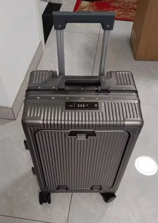 Front Opening Large Capacity Rolling Luggage Case Aluminum Frame ABS+PC Trolley Case Suitcase USB Charging Boarding Case