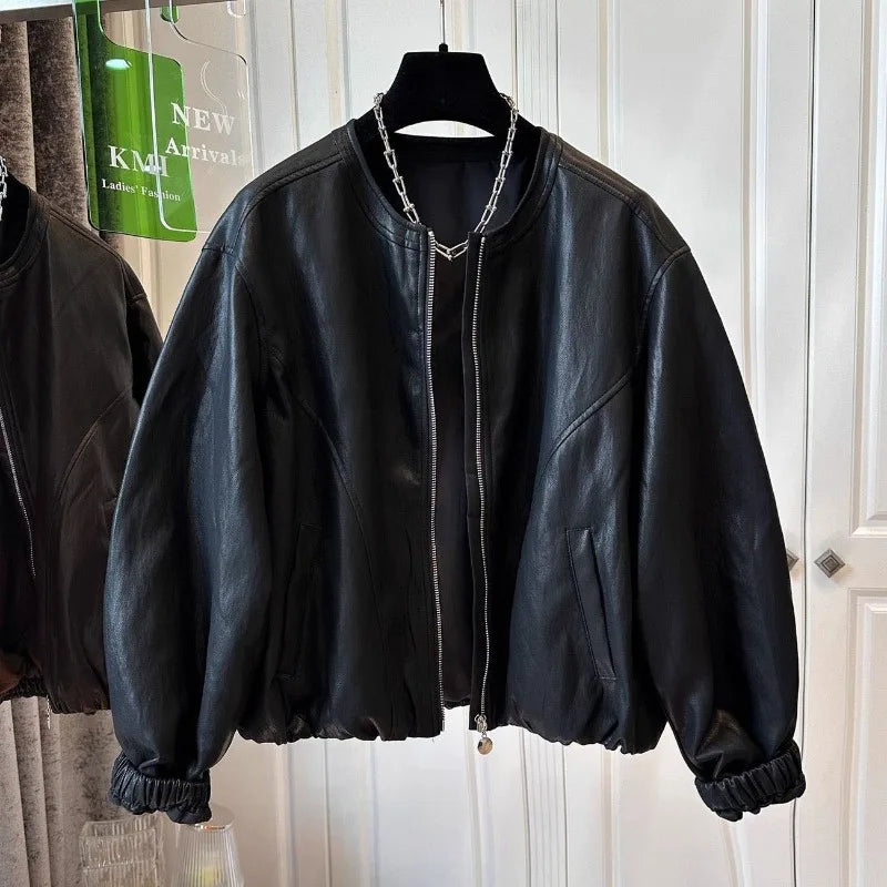 Women's Leather Coat 2026 Spring Autumn Comfortable Loose Slim Female Faux PU Outwear Round Neck Zipper Ladies Short Jacket