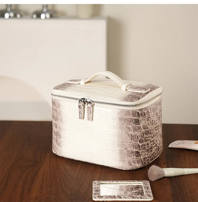 Firstgrain Cowhide Himalayan Crocodile Pattern Vanity Case Genuine Leather Square Portable Large-Capacity Hand-Held Cosmetic Bag