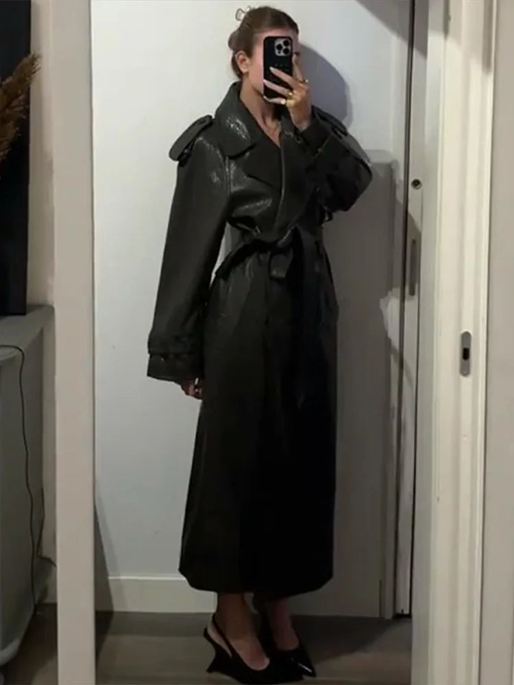 Double Breasted Lace up Long Leather Coat Woman Long Sleeves Loose Solid Color Casual Jackets Street Women's Early Autumn Coats