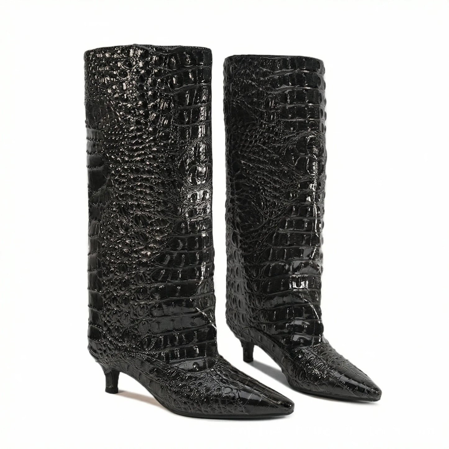 Women's Spring and Autumn New Cat Heel Wide Knee Knee Boots Fashion Pointed Women's Low Heel Mid Heeled Boots