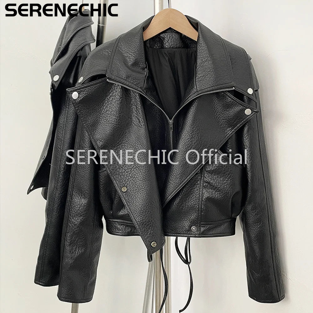 SERENECHIC Women's Black Faux Leather Cropped Moto Jacket Asymmetric Zip PU Biker Coat Female New Autumn Vintage Punk Outerwear