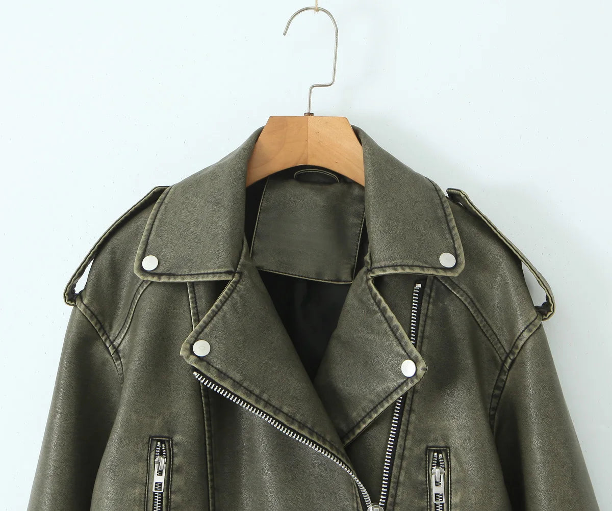 Women Autumn Winter Loose Gray PU Faux Leather Short Jackets Belt Female High Street Zipper Retro Moto Biker Coats Outwear XS-XL