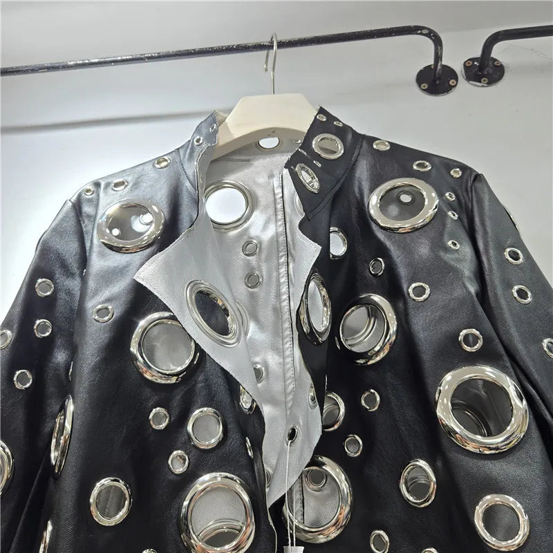 DEAT 2026 Autumn High Street Style Hollow Out Ring Short PU Leather Jacket For Women Stand-up Collar Long Sleeve Coats 29A9499