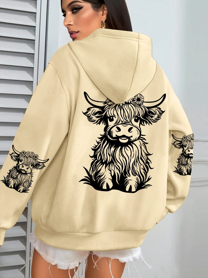 Cute Hair Cow Cartoon Printing Hoodies Womens Fleece Autumn Streetwear Comfortable Casual Hoodie Y2K Pocket All-Match Hoody