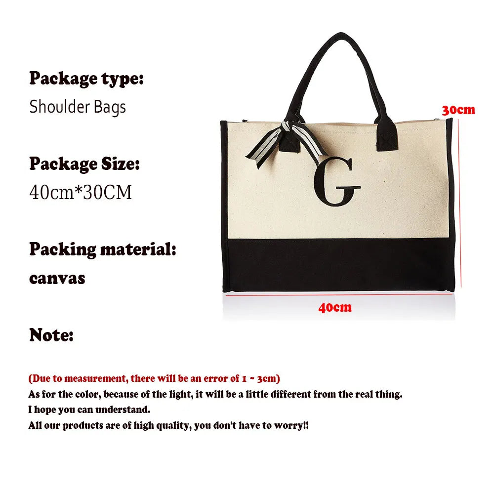 A-Z Canvas Totes bag Fashion Canvas Tote Letters Flower Portable Beach Shoulder Shopping Casual Beach Bag Large Capacity Handbag