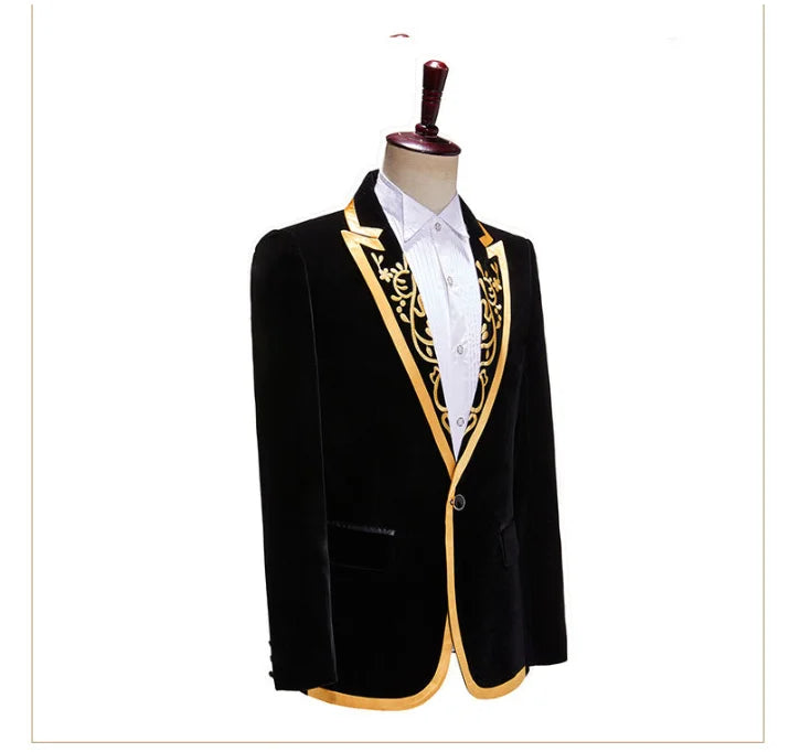 New Men High Quality Golden Velvet Embroidered Suit Slim Fit Jacket Fashion Homme Wedding Prom Party Luxury Dress Blazers