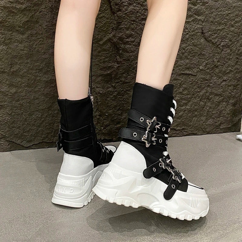 New Rock Platform Y2K Boots Women Summer 2026 Gothic Metal Star Belt Buckle Thick Sole Mid Calf Boots Woman Designer Punk Shoes