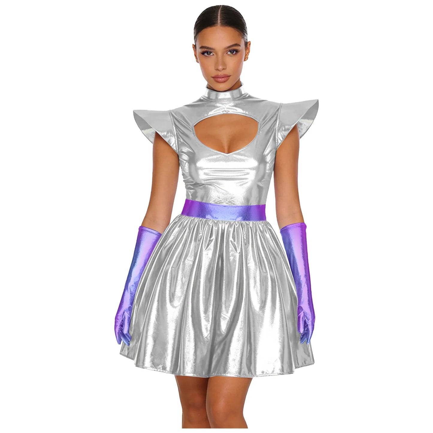Womens Space Alien Costume Shiny Metallic High Waist A-line Dress with Gloves Astronaut Cosplay Outfits for Halloween Party