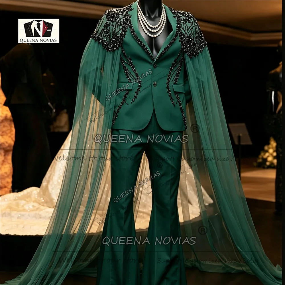 Elegant Wedding Suits For Man Black Beaded Stone Jacket With Tulle Cape Long Customized Groom Tuxedo Slim Fit 2 Piece Sets Dress