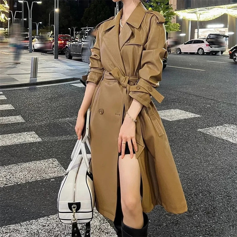 Womens Autumn Classic Double Breasted Long Trench Jacket with Belt Female PU Leather Jacket Lapels Windbreaker Winter Coat for W