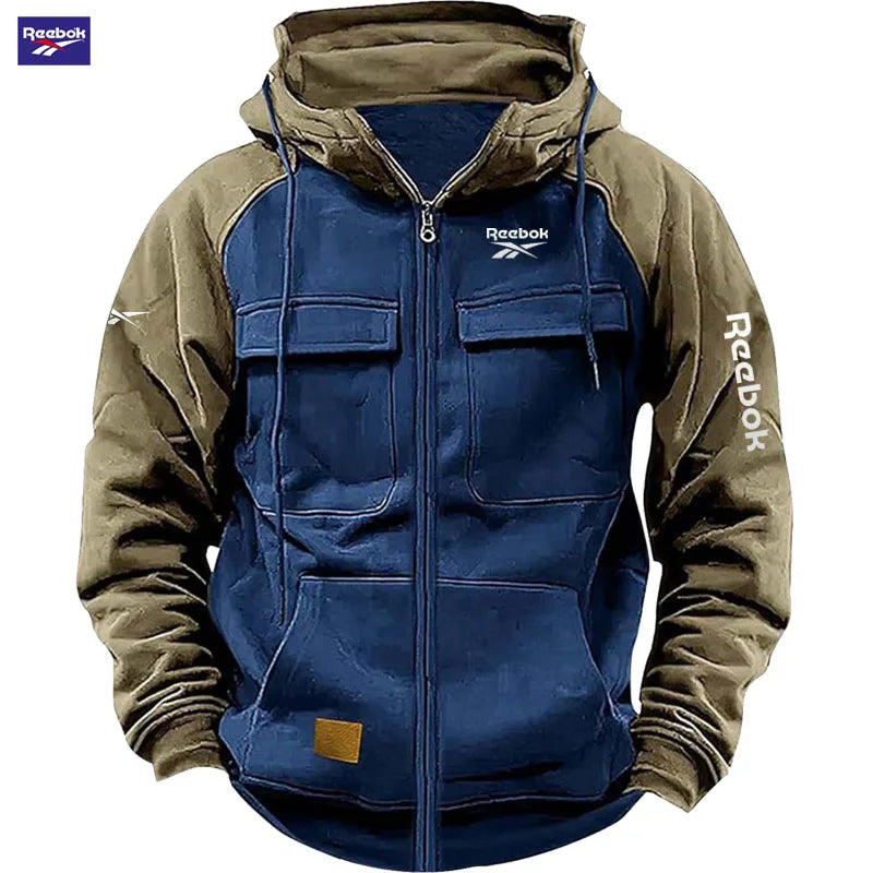 2026 Reebok New Autumn-Winter Men's Hooded Patchwork Casual Sweatshirt, Loose-Fit Fashionable Youth Multi-Pocket Padded Hoodie