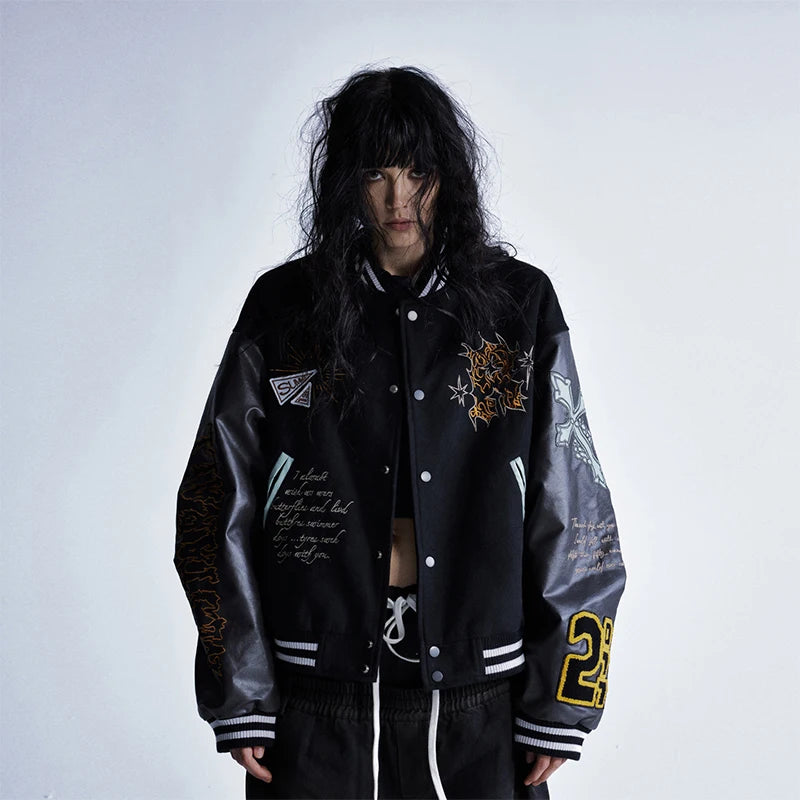 Women American Vintage Embroidered Baseball Jacket Faux Leather Sleeve Patchwork Bomber Coat Autumn Casual Streetwear Outerwear