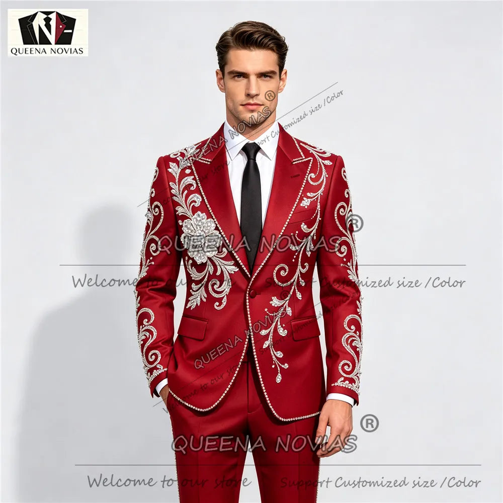 Unique Design Men's Suit Gold Diamond Beaded Jacket Pants 2 Pieces Sets Double Breasted Groom Wedding Tuxedos Male Fahion Outfit