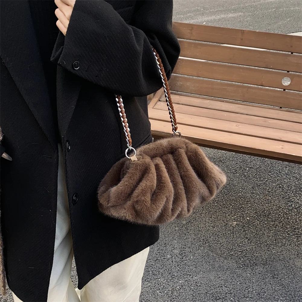 MOODS Pleated Design Faux Fur Shoulder Bags For Women 2024 Luxury Designer Purses And Handbags Winter Warm Soft Plush Hobo Bags
