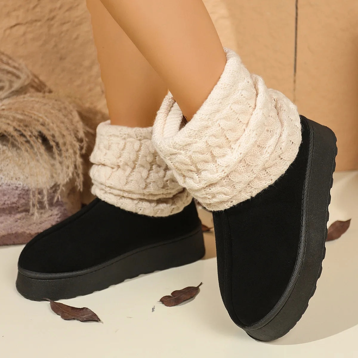 Winter Cute Warm Thick-Sole Comfortable Women's Boots Plush Lining Short Tube Slim Skid-Proof Knitted Sock Snow Boots