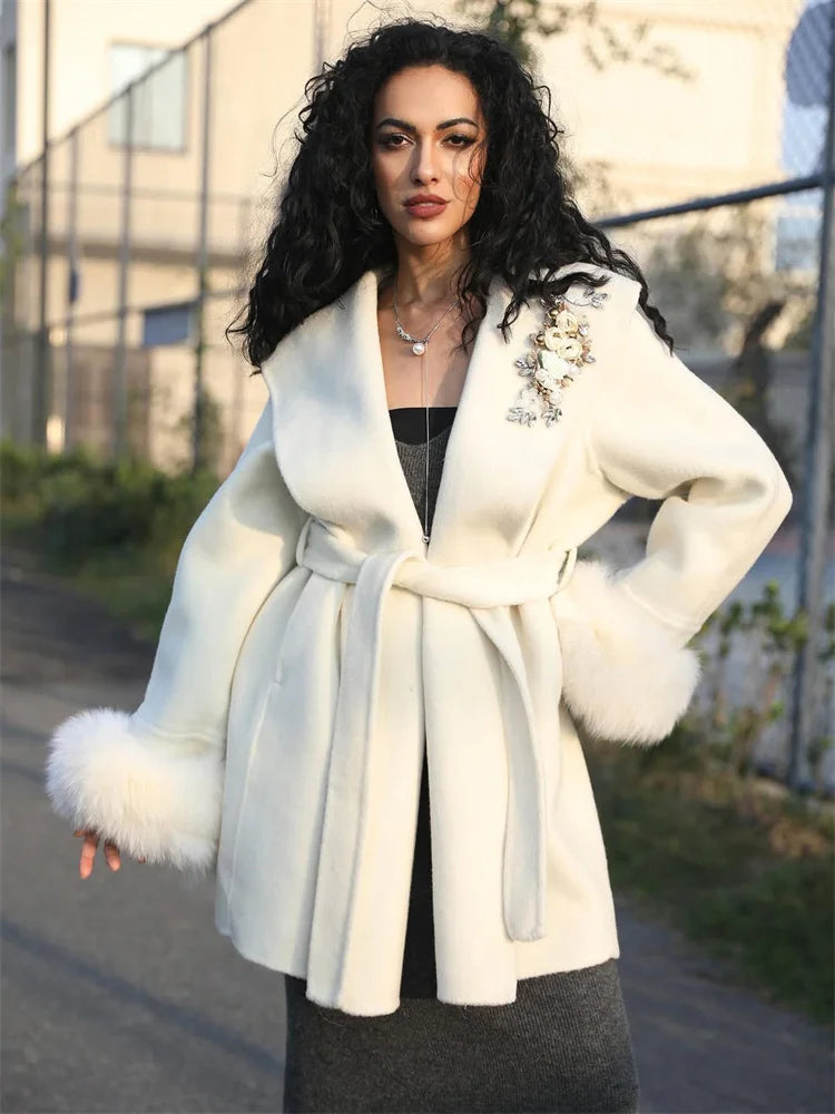 Tossy Fox Fur Wool Overcoat Women's Short Coat Office Lady Elegant Double-sided Woolen Coat 2025 New Cardigan Jackets Loose Wool