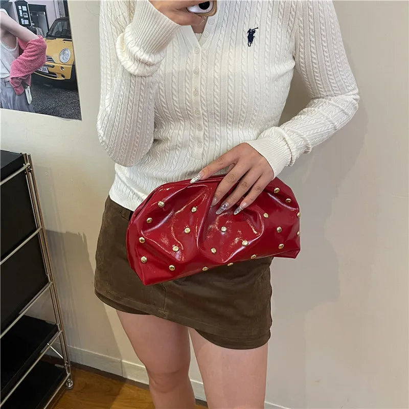 Simple Versatile Clip Evening Handbags for Women Solid Color Rivet Pleated Design Ladies Clutch Female Soft Pu Leather Purse