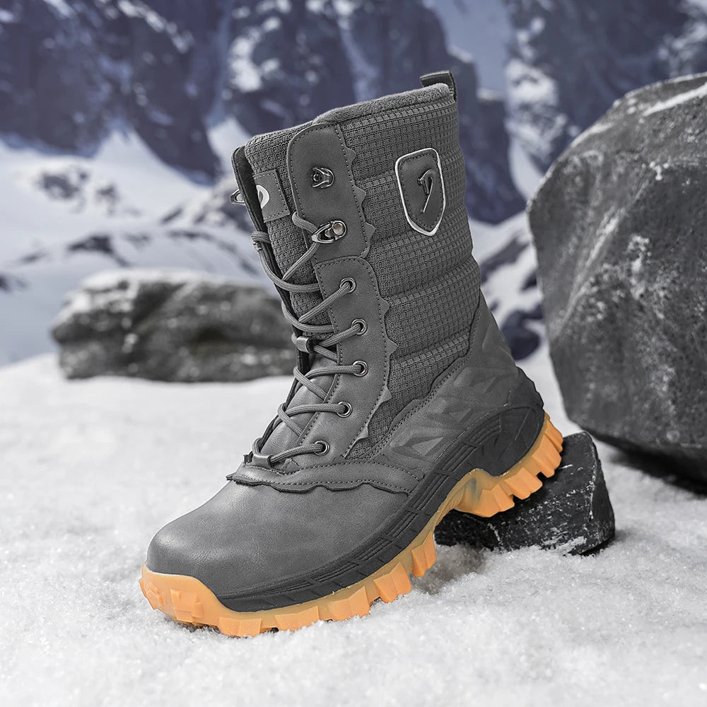 Men's Winter Snow Boots Waterproof Insulated Hiking Boots High-Top Outdoor Shoes with Warm Knit Collar, Anti-Slip Rubber Sole, C