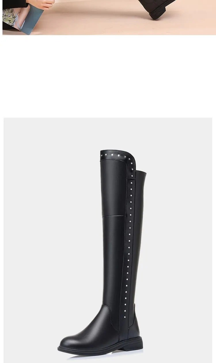 Women Over The Knee Boots Winter Natural Wool Warm Genuine Leather Ladies Knee Boots Large Size Non-slip Snow Boots Women